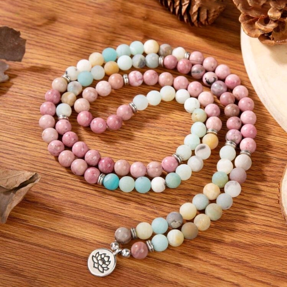 Rhodonite And Matte Amazonite Necklace with Lotus Pendant NWOT